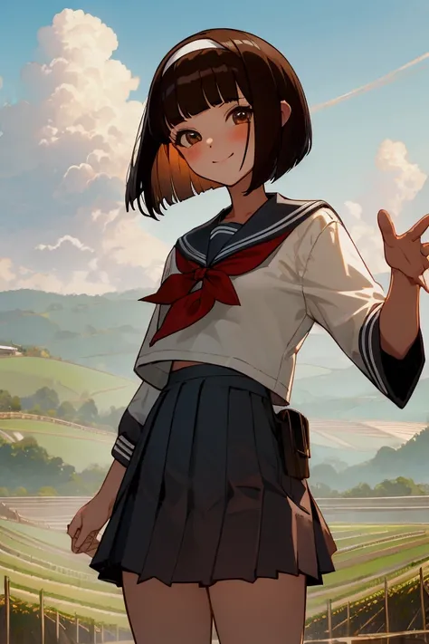 (masterpiece), (best quality), (ultra detailed), 1 girl, late teenage, standing, wave hand, thigh focus, from below, school uniform, serafuku, hair band, bob cut, brown hair, smile, looking at viewer, japanese rural landscape, rice paddies, gravel road, cu...