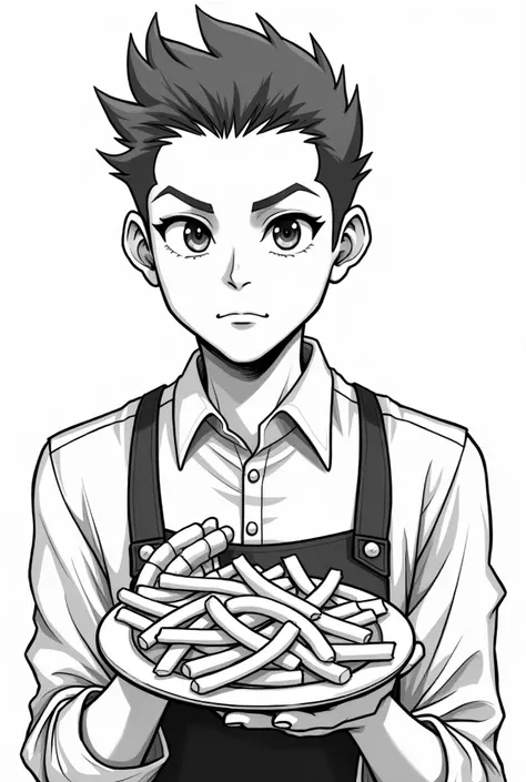 Sketch style waiter with fries in hand A black and white focusing on the face 