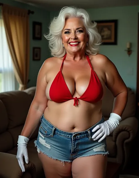 Overweight elder 70 years old American aged women wearing bikini denim shorts .with red lipstick white gloves and white hairs looking so hot while posing inside her room no glasses