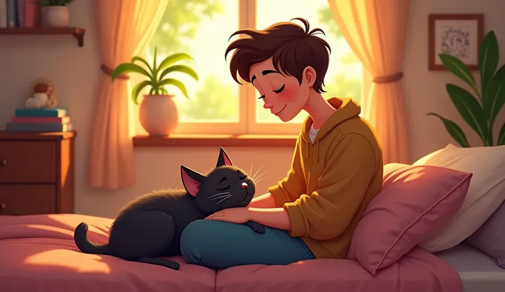 “Shadow is curled up in Sam’s lap, purring softly. Sam’s face shows a small, relieved smile as he strokes Shadow’s fur. The room feels peaceful, with the soft glow of the sunset filling the space. The bond between them is clear and comforting.”In cartoons 