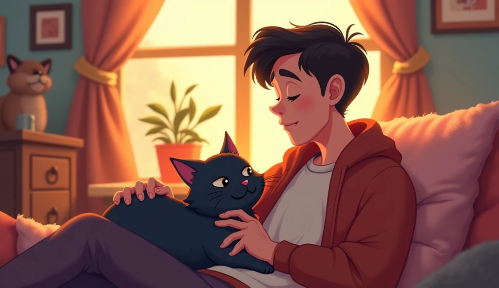 “Shadow is curled up in Sam’s lap, purring softly. Sam’s face shows a small, relieved smile as he strokes Shadow’s fur. The room feels peaceful, with the soft glow of the sunset filling the space. The bond between them is clear and comforting.”In cartoons 