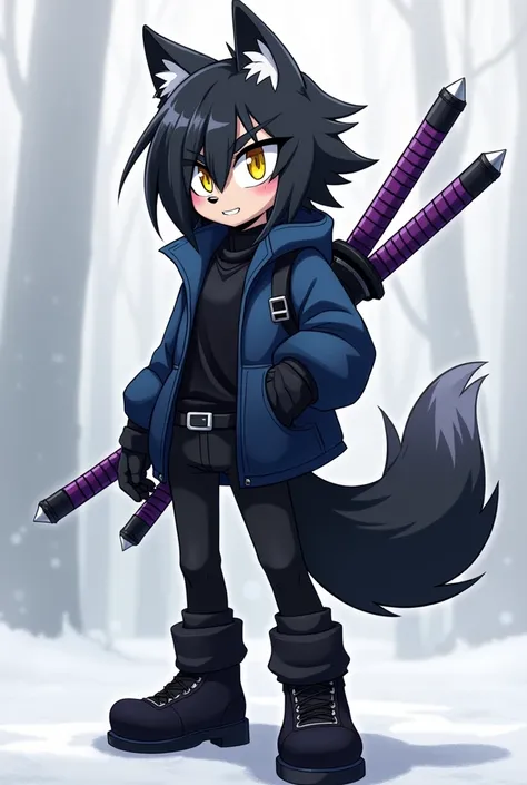 An anthropomorphic Sonic-style wolf, Short Long Black Hair, hair a little on the left side of the face and with a slightly large ponytail, with big yellow eyes, shiny pupils, with black cold weather blouse with dark blue shirt, black pants and black men&#3...