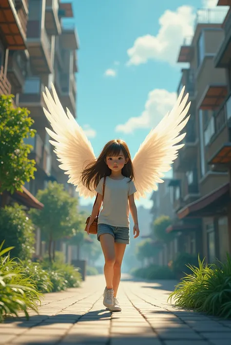 (photorealism:1.2), (8) A girl walking down the street and an angel walking behind her.