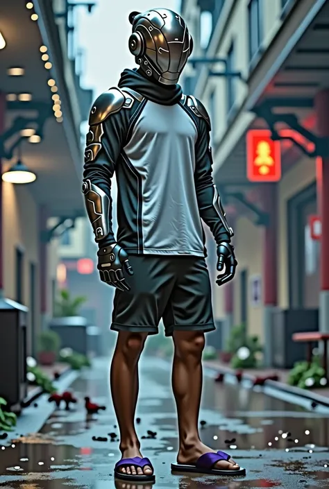 A young man with a futuristic robot helmet and shirt and shorts and flip flops.