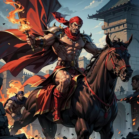 Super Detailed Dynamic Shot of Lord Draculas Centerpiece Medieval Arab Warrior with a Red Turban Scary Face Hokuto No Ken Structure Muscular Face Kenshiro riding a legendary fire dragon Scary dragon marching with his Moroccan army