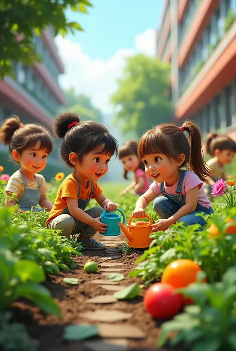 Help me create an image of preschool children watering plants in an urban garden at school