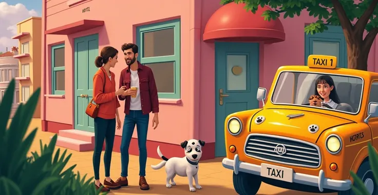 Create an advertising image for a taxi to take dogs and cats to the hotel. The license plate should say “AUmigos da Melzinha”.