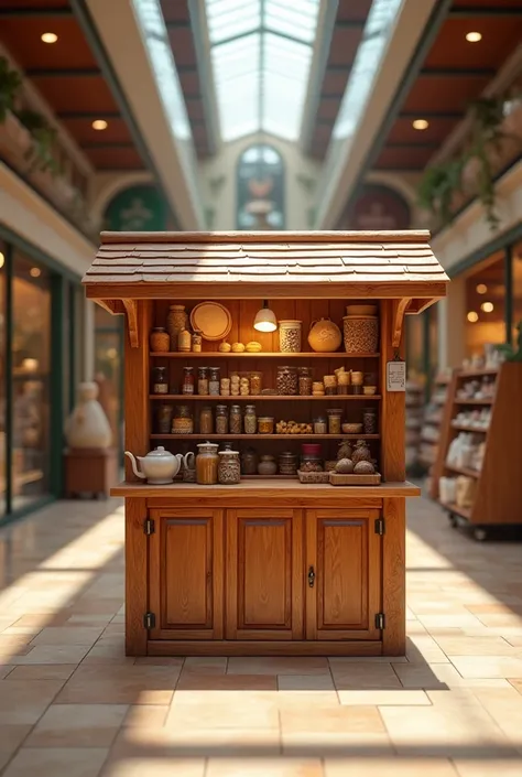 wooden kiosk with 1,5 meters high with shopping mall aisle shelves