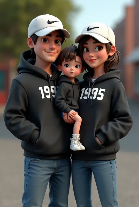 3D a man (without beard) with white nike cap,wear black hoodie with number 1998 on hoodie ,wears blue jeans while standing besides a  woman with white nike cap with short shoulder hair, wear black hoodie with number 1995 on hoodie ,wears blue jeans holding...