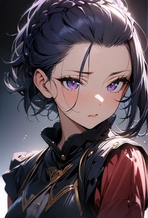 Solo, 1 women, dark blue hair, purple eyes, (((high quality))), masterpiece, detailed face, bangs pulled back,Bangs Pinned Back, Crown Braid, missy hair, beautiful