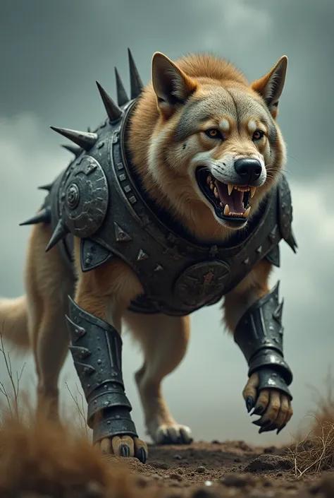 Create a fierce looking dog wearing armor