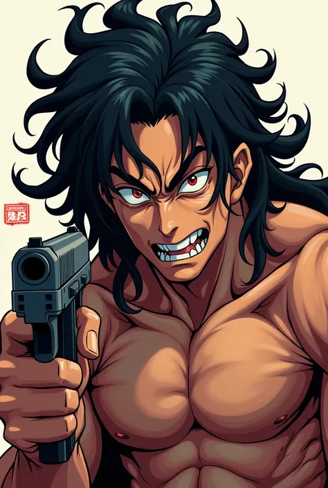 Face Portrait of an anime man with muscular body having psycho red wild eyes, psycho face, wearing black suit with tie, pointing gun to his head ,very long black hair, deatheye
1:1 size