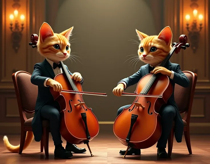 a cat and a dog playing cellos together on a concert stage, anthropomorphism, (best quality, highres, realistic, photo-realistic, highly detailed, photorealistic, 8k, ultra-detailed, masterpiece:1.4), dramatic lighting, beautiful colors, elegant poses, cla...