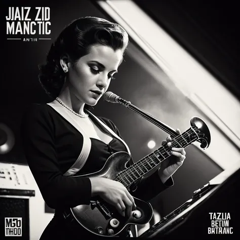 Female portrait of a jazz musician in the style of 1950s American jazz record covers, capturing the essence of the era with a vintage feel. The image should feature:

1. A close-up, black and white photograph of the musician, with dramatic lighting casting...