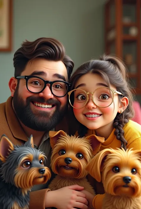 A family with a father, a mother with three daughters and two dogs. The chubby father with a beard and black glasses.,the chubby mother with braces and gold glasses, a small Yorkshire dog with black and gray fur and another Yorkshire dog with yellow fur 