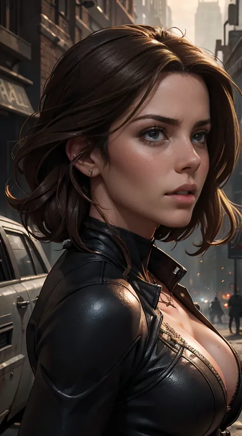 Hyperrealistic close-up photo of Kate Beckinsale, work of art, best qualityer, (photorrealistic:1.4), Create dystopian work of arts. Depict the cityscape in the gritty style of the game&#39;s concept art. This work should evoke a feeling of abandonment and...