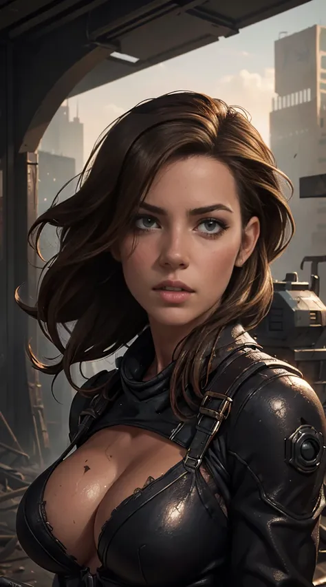 Hyperrealistic close-up photo of Kate Beckinsale, work of art, best qualityer, (photorrealistic:1.4), Create dystopian work of arts. Depict the cityscape in the gritty style of the game&#39;s concept art. This work should evoke a feeling of abandonment and...