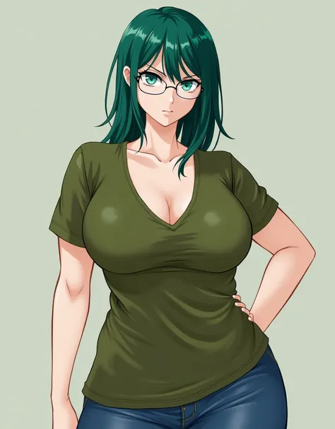 Masterpiece, best quality, 1girl, solo, 2, adult, teal and green hair, aqua eyes, voluptuous,  toned, 167cm, pale skin, glasses, seductive expression, olive green tshirt vneck, jeans,  cleavage, big chest ,  ,