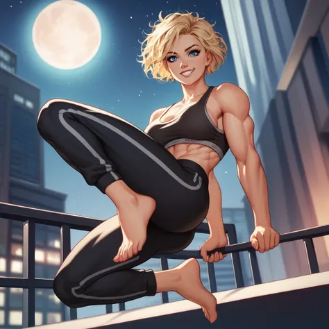 (masterpiece), Blonde Caucasian Woman, short hair, Messy Hair (Highest quality), Super Resolution, Very detailed, Perfect lighting, Athletic build, Strong and muscular, Large and firm breasts, Black sweatpants, Wearing a black top, Black leggings, Facial h...