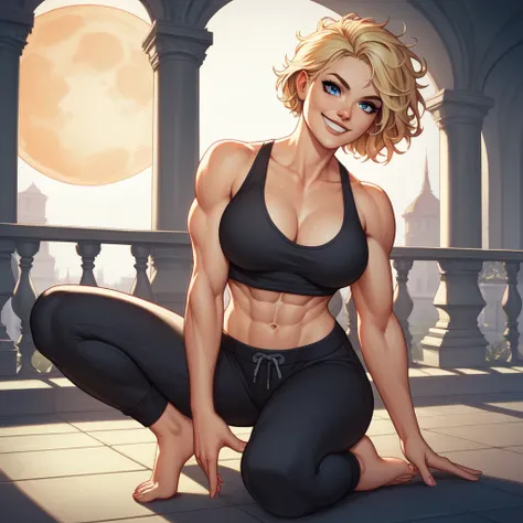 (masterpiece), Blonde Caucasian Woman, short hair, Messy Hair (Highest quality), Super Resolution, Very detailed, Perfect lighting, Athletic build, Strong and muscular, Large and firm breasts, Black sweatpants, Wearing a black top, Black leggings, Facial h...