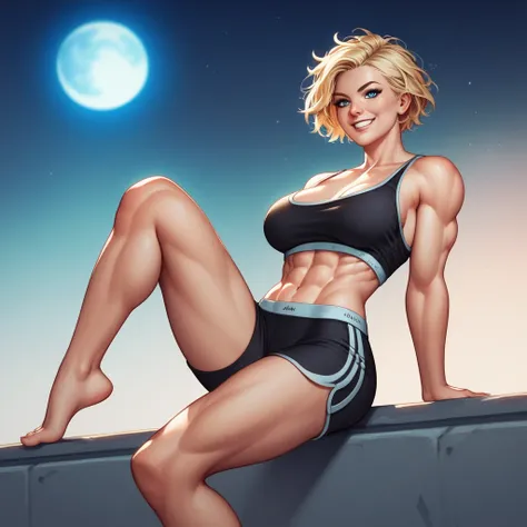 (masterpiece), Blonde Caucasian Woman, short hair, Messy Hair (Highest quality), Super Resolution, Very detailed, Perfect lighting, Athletic build, Strong and muscular, Large and firm breasts, Black sweatpants, Wearing a black top, Black leggings, Facial h...