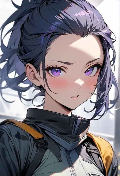 Solo, 1 women, dark blue hair, purple eyes, (((high quality))), masterpiece, detailed face, bangs pulled back,Bangs Pinned Back, braided hair, missy hair, beautiful, combat clothes 