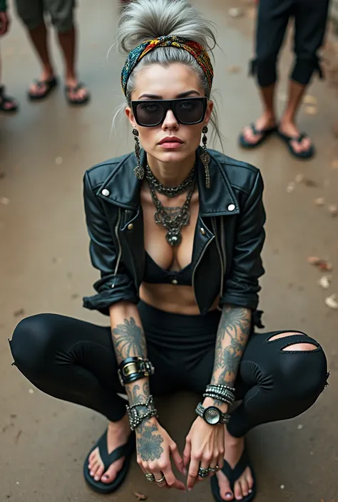 russian milf woman,  grey hair (bouffant, top bun) and oversized square sunglasses and wide  colourful bandana as headband, with very light green eyes, extremely pale. Big lips.  Aged cropped black moto jacket with side and sleeve zippers. Black lace push ...