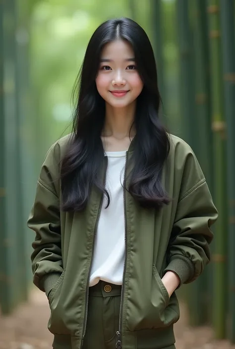 Korean girl with beautiful face, fair skin, well-groomed face, smiled faintly, long straight black hair, wearing an olive green bomber jacket, White shirt, cropped pants Lots of pockets, posing standing in a bamboo forest, the details of her eyes are soft,...