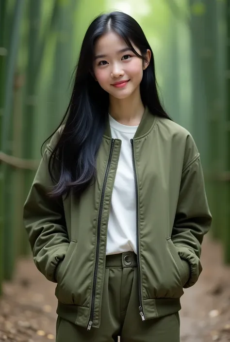 Korean girl with beautiful face, fair skin, well-groomed face, smiled faintly, long straight black hair, wearing an olive green bomber jacket, White shirt, cropped pants Lots of pockets, posing standing in a bamboo forest, the details of her eyes are soft,...