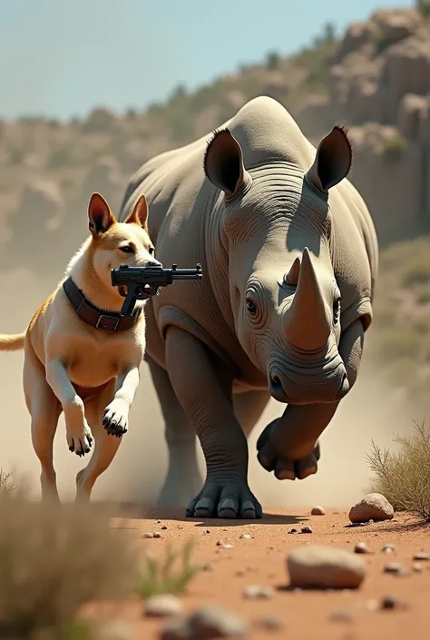 An image of a dog with a gun chasing a rhinoceros 