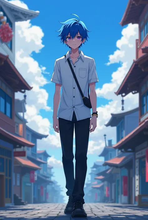 masterpiece, Highest quality, 青い髪の青年のmovieのような写真, Short haired man, White shirt, Black pants, View the Views, Black Shoes, smile, Mouth open, Purple eyes, anime, movie, High resolution