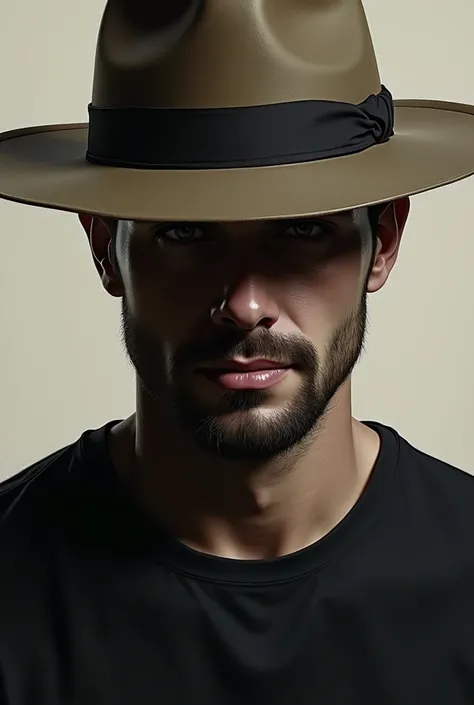 Drawing of a man with a square face, goatee and sideways smile. He is wearing a black shirt and a Panama hat covering his eyes with his head down.