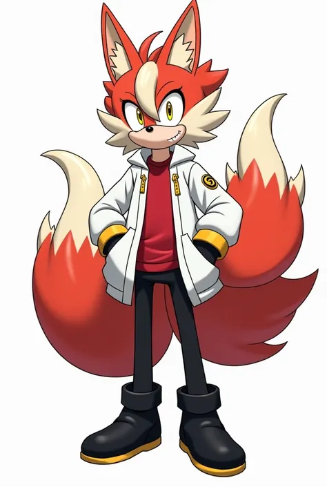 Create an anthropomorphic Sonic-style Kitsune with half white and half red hair, with a ponytail, with hair on the left side of the face, yellow  eyes, eyes large, with ears and nine tails,in the form of a Sonic-style character, o nome dele é Kito Kaiiatsu...