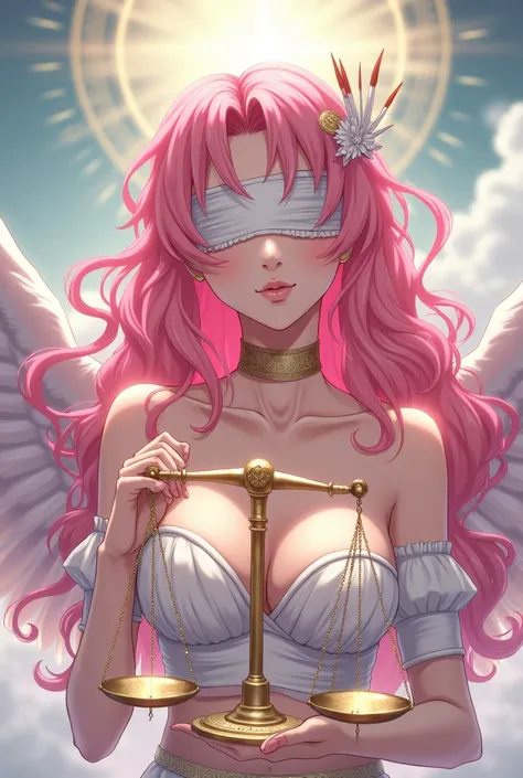 Generates an image of the Goddess Aphrodite, Deep gaze with blindfolds on, with pink hair holding the golden scale of the libra sign in an anime version