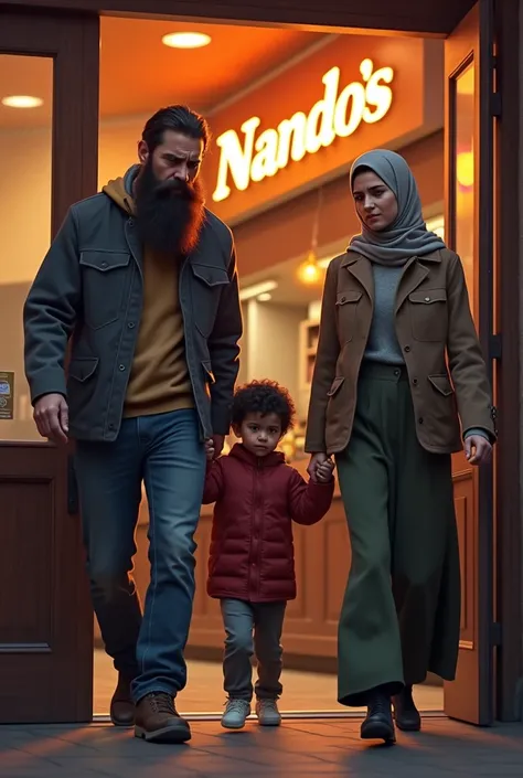 man wtih beard and women with hijab and chid going out very angry from nandos resturant 