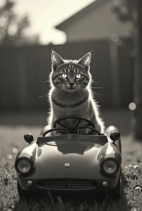 "A monochrome, motion-focused photograph of a cat perched on top of a toy car in a backyard, evoking nostalgic elements reminiscent of the 1940s. The image is heavily blurred and aged, mimicking the look of vintage Kodachrome film. The cats eyes glow like ...