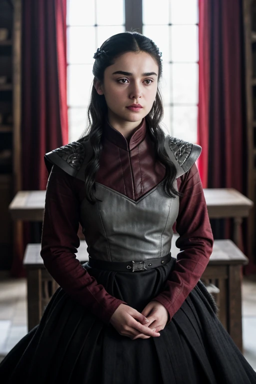 Layde stark game of thrones, black hair and gray eyes wearing a red and black with long sleeves as realistic as possible 
