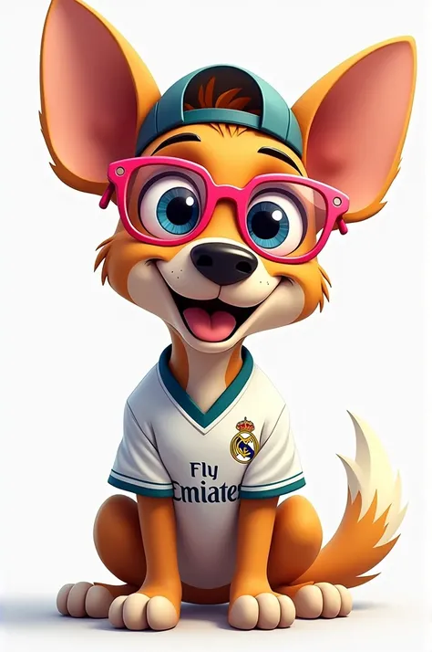 Cartoon dog with colorful glasses Juliet and backwards cap and white Real Madrid shirt 