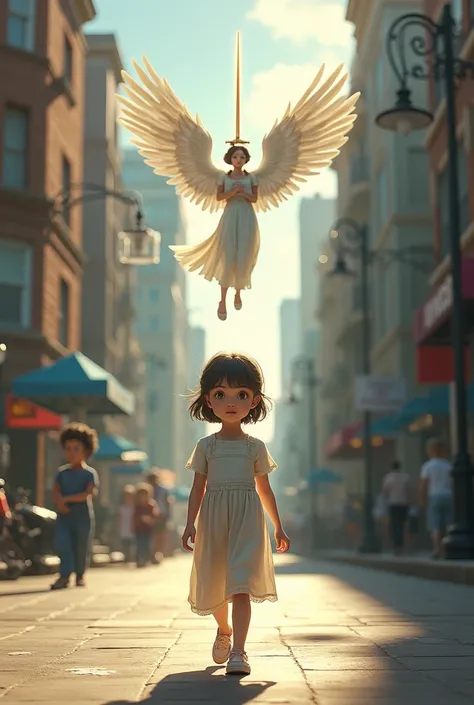 (photorealism:1.2), (8) A girl walking down the street and an angel with a sword watching.