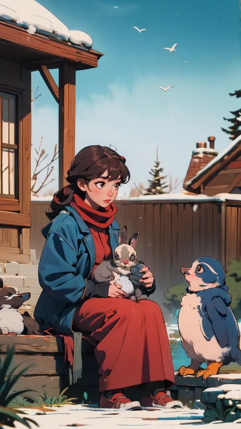 Illustrate a cozy village scene where a penguin wearing a red scarf is sitting and telling captivating stories to a group of baby bunnies gathered around it. Each animal remains distinct: the penguin should be the only penguin, and the bunnies should all b...