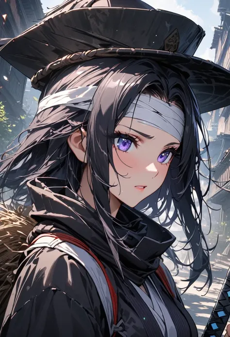 Ninja girl anime from feudal Japan, Super beautiful, (((forehead bandaged))), ((( feudal hat))), ((Masterpiece:1.2)), ((Highest quality)), (((Upper body covered))),close up, Carrying the sword of Katana, urban samurai, Anthem game inspiration, epic picture...