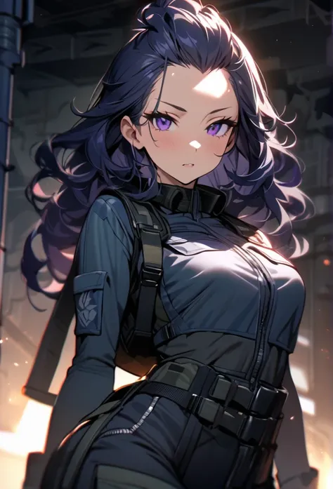 Solo, 1 women, dark blue hair, purple eyes, (((high quality))), masterpiece, detailed face, Bangs Pinned Back, missy hair, beautiful, combat clothes, long curly hair 