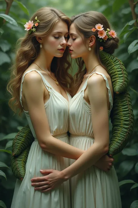 
caterpillars lower body and upper body beautiful girls hugging each other