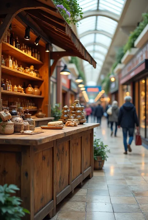 rustic counter with shelves in a shopping mall corridor