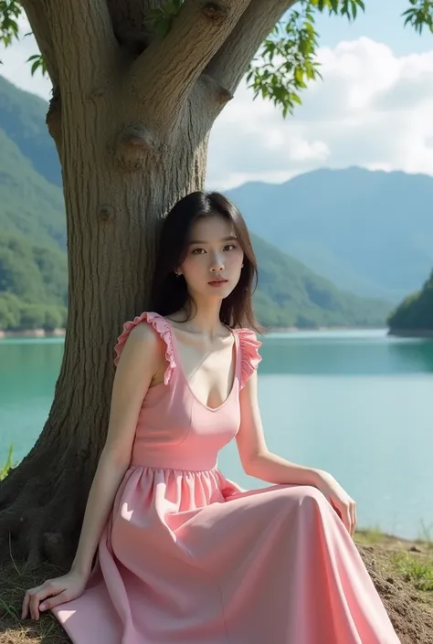 beautiful Korean woman, smooth white skin, well-groomed face, rambut panjang rumbai hitam, wearing a pink dress, matching shoes, sitting leaning under a big tree, looking at the camera, ditemani kucing anggora besar, background sungai biru mengalir, mounta...