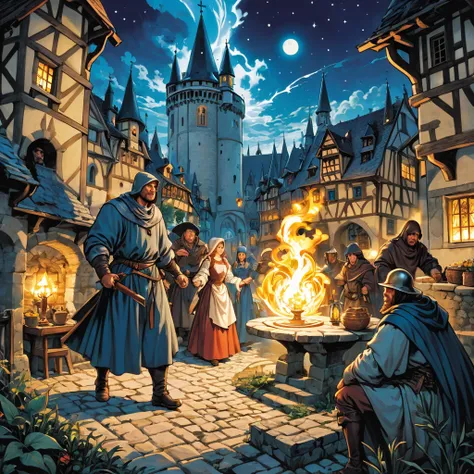 Medieval Europe，at night，An assassin in night clothes，Lurking behind a noble man。Mid-ground composition，Game illustration style，Magic style，Suitable for card illustrations。