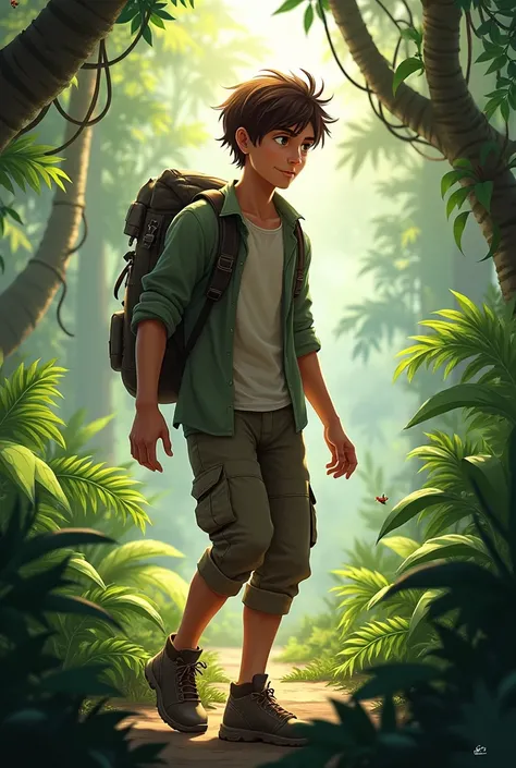 Create a teenager boy image in jungle realistic 