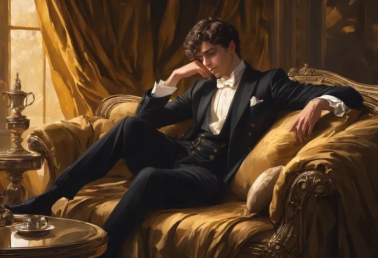 create a detailed digital painting of a young man reclining on a luxurious, antique sofa with an elegant and relaxed posture. th...