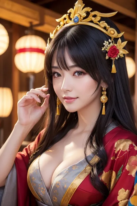 (8k,Photorealistic　RAWphotograph　Highest quality;1.4) A mature grey-haired woman) Super Beautiful Japanese MILF Goddess　(A vivid face)　Costumeを着た中程度の胸の女性の接写, Japanese Mature God, Laughter　Beautiful Fantasy Empress, Beautiful and attractive anime woman, Gwe...