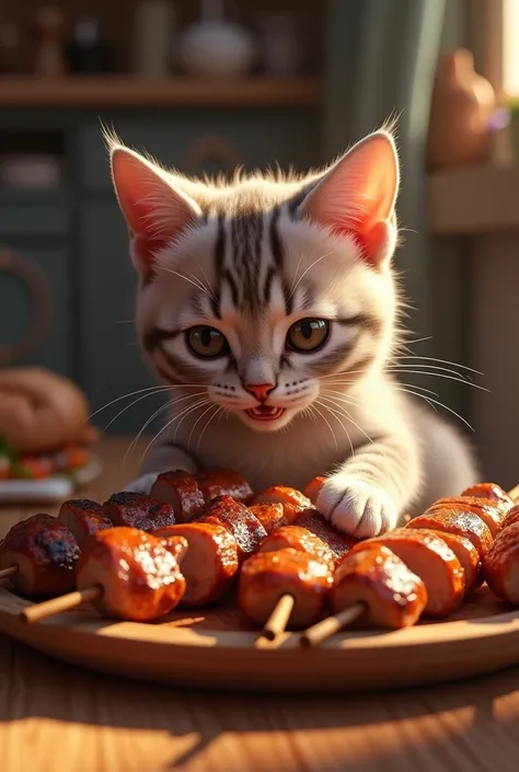 Gato con comida de Chuzos  de carne 🥩 🍖 pollo 
